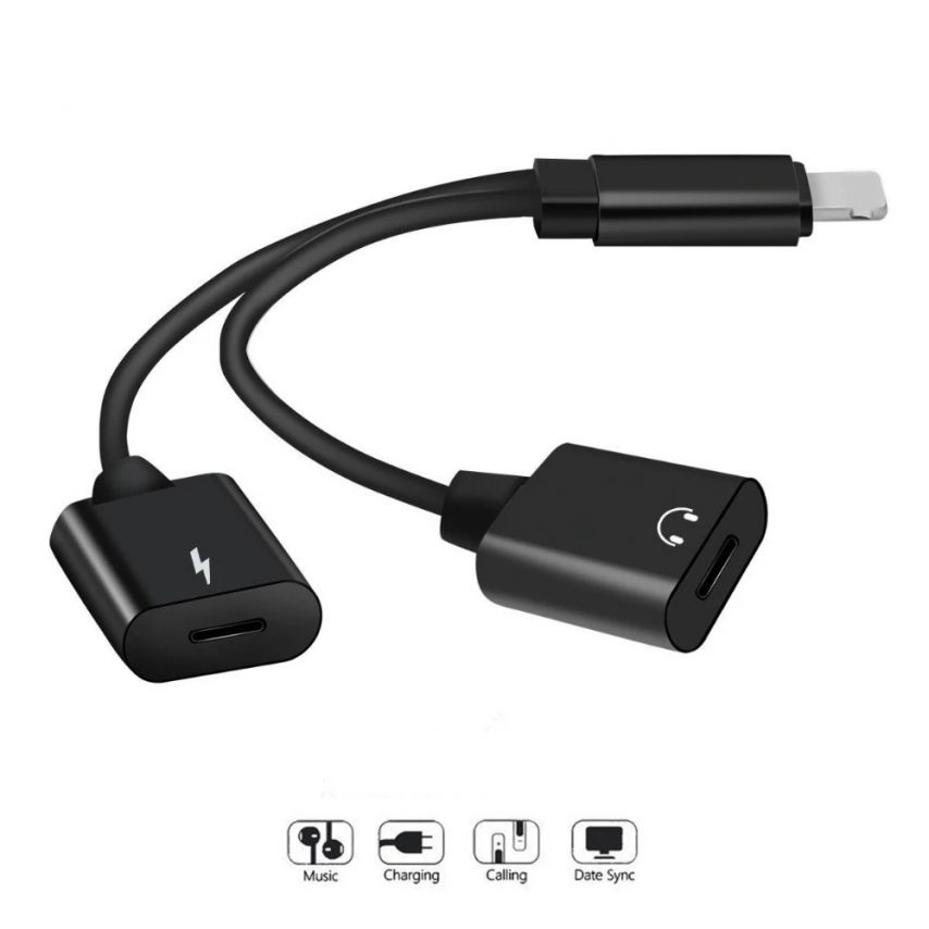 black 2 in 1 double jacks headphone audio adapter for iphone