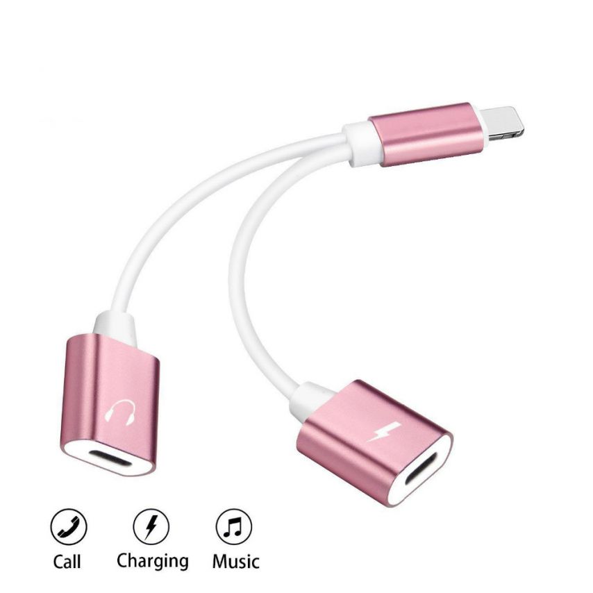 pink 2 in 1 double jacks headphone audio adapter for iphone
