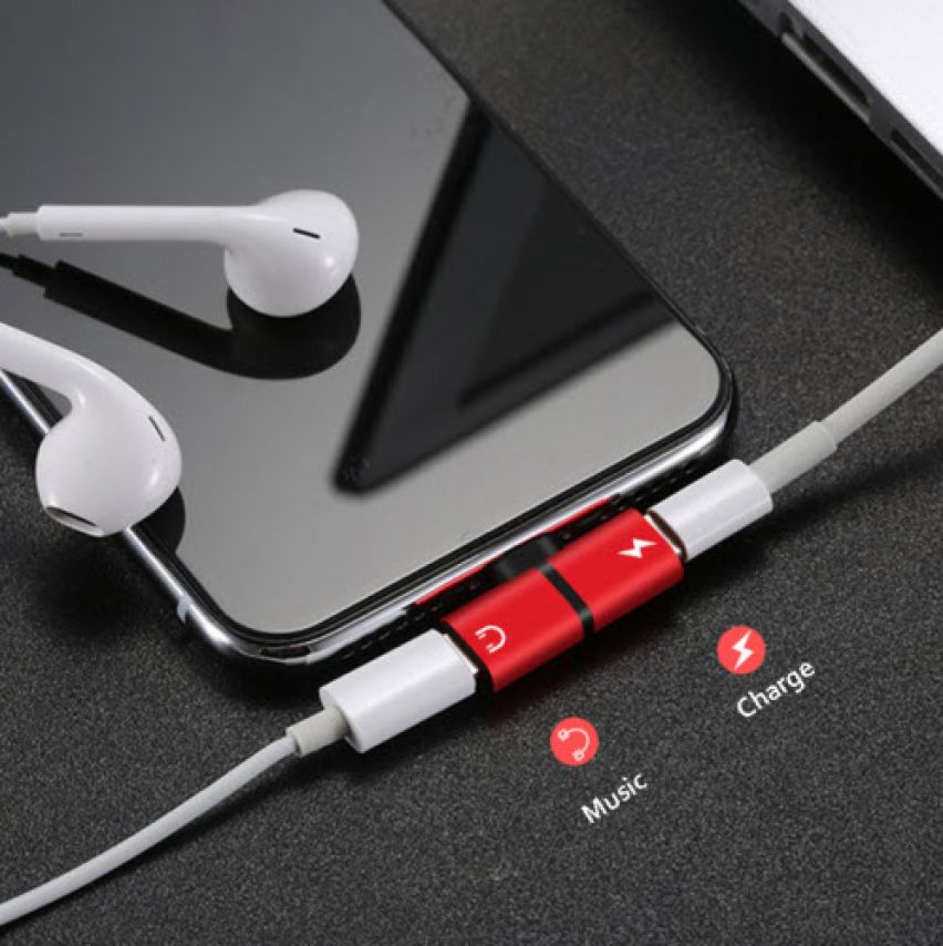 red 2 in 1 earphone and charger splitter adapter