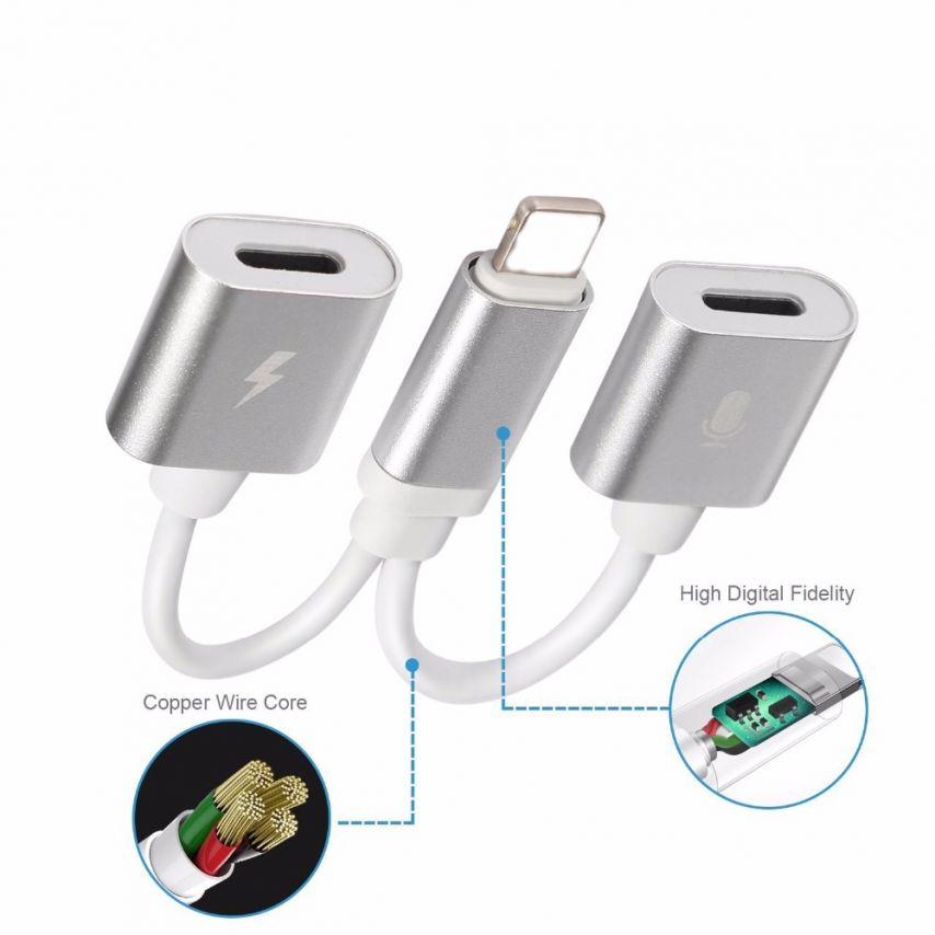 silver 2 in 1 double jacks headphone audio adapter for iphone