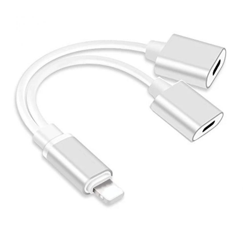 silver 2 in 1 double jacks headphone audio adapter for iphone